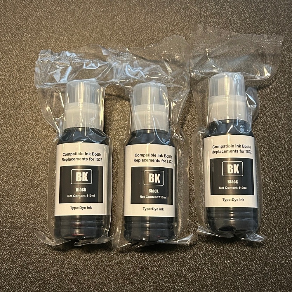 3 Pack T522 Black Compatible Ink Bottle Replacements 110ml LFT522BK Dye Ink